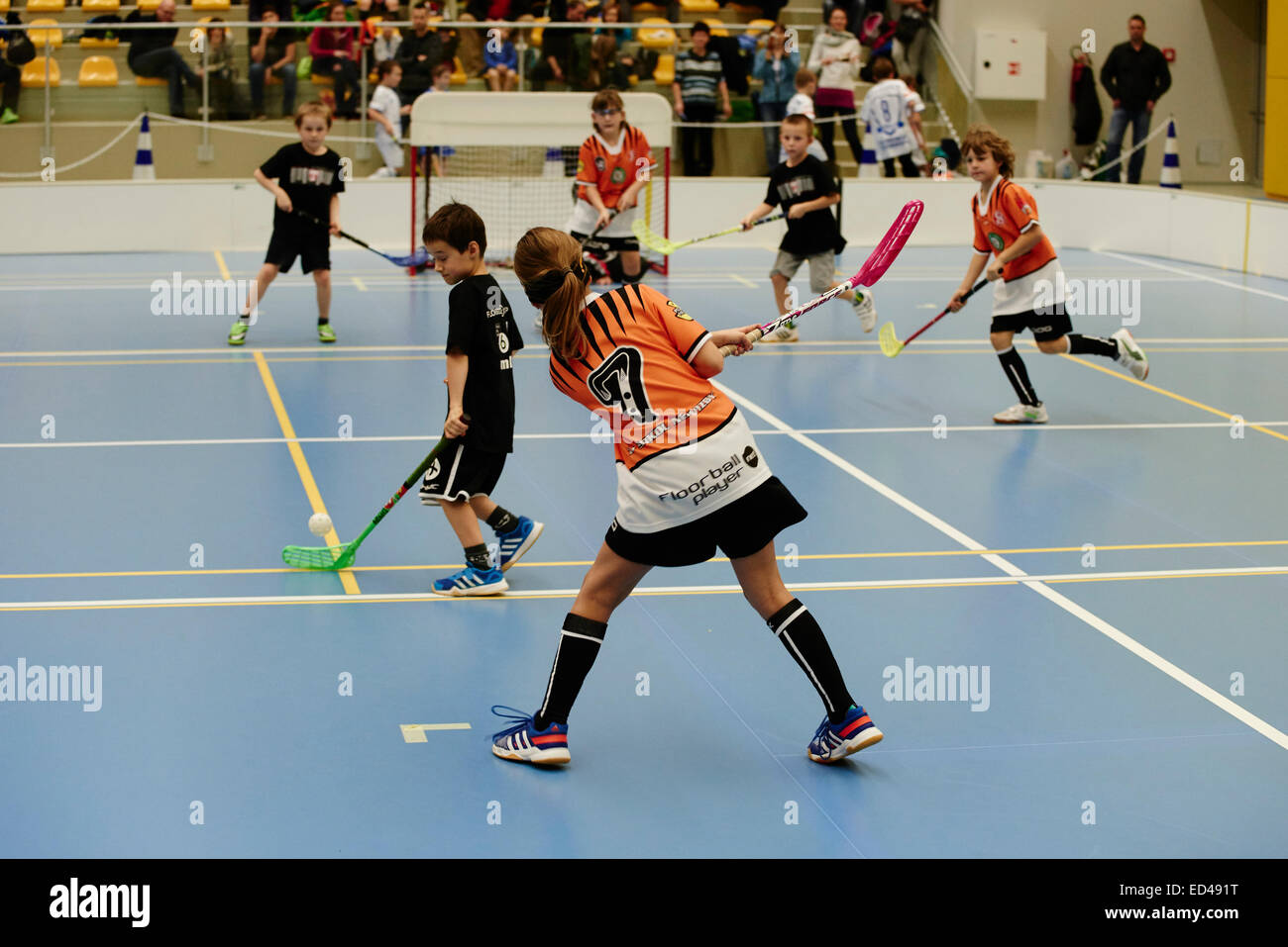 Children Boys Schoolchildren Playing Floorball Floor Hockey