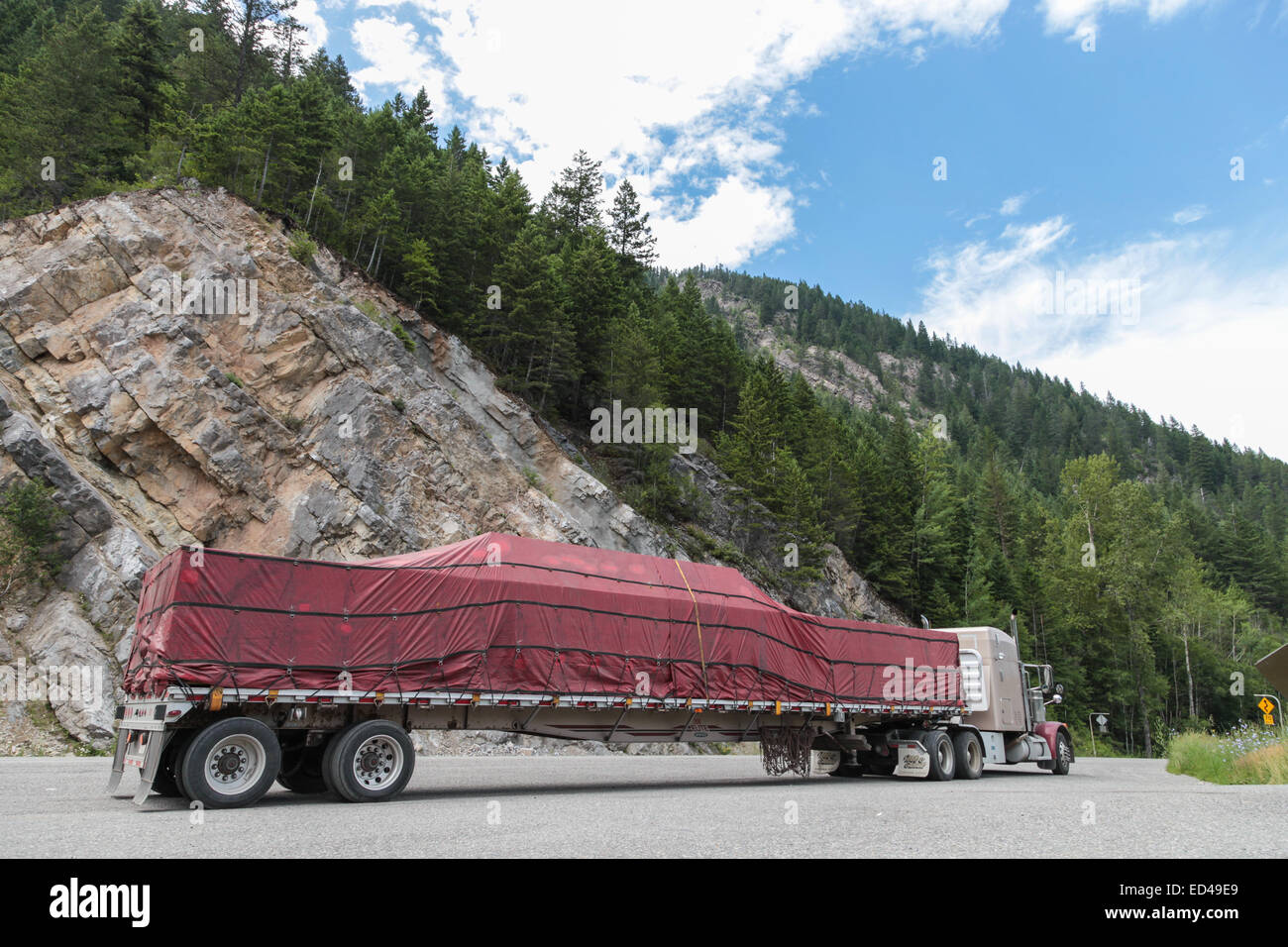 Peterbilt 379  flatdeck trailer loaded with lumber for the USA in Wynndel, BC, Canada Stock Photo