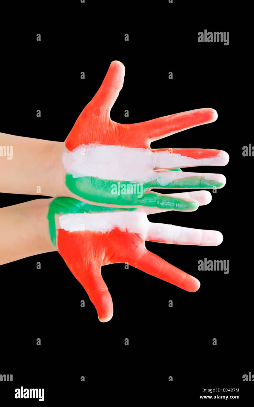 1 indian child hand paint indian  flag Stock Photo