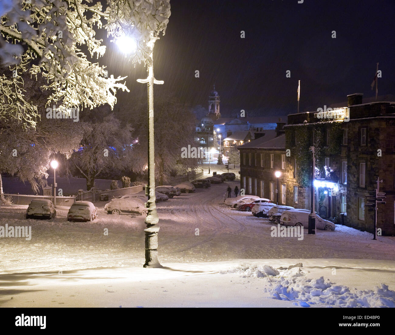 The centre of Buxton, Derbyshire at night after heavy snow Stock Photo