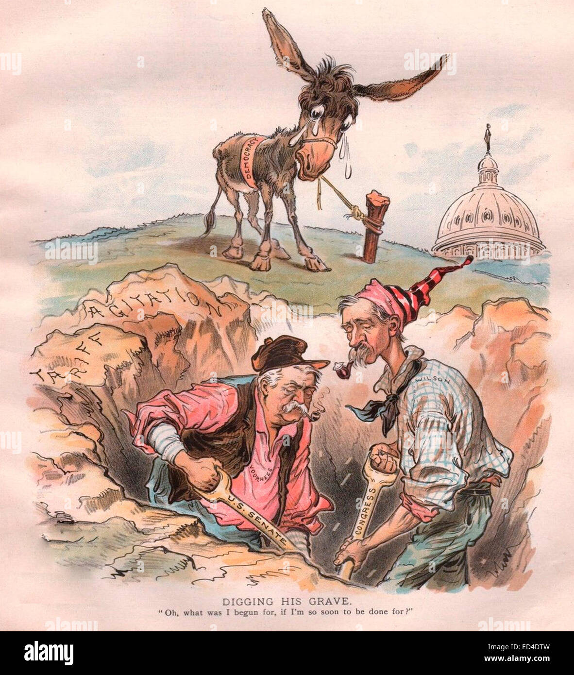 Digging his Grave 'Oh, what was I begun for, if I'm so soon to be done for' Democrats about to be buried because of tariff agitation. Voorhees and Wilson dig its grave. Political cartoon 1894 Stock Photo