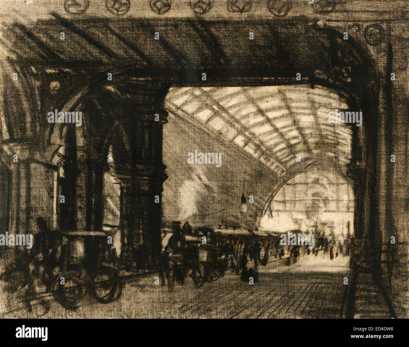 St. Pancras Station - London, England.  View past carriage in left foreground under bridge to long skylit arched station crowded with figures and carriages beyond, circa 1908 Stock Photo
