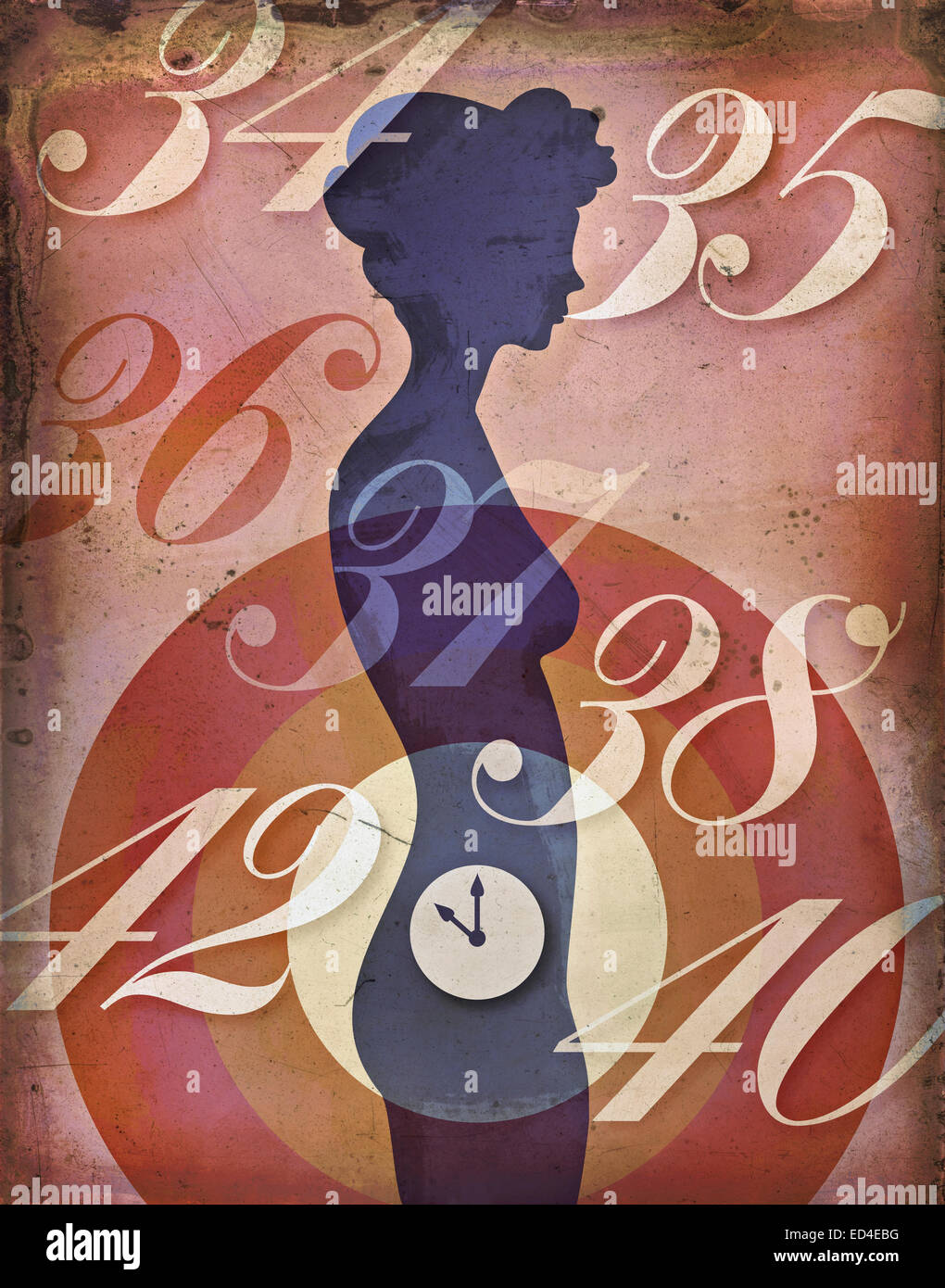 Woman's Biological Clock concept. Retro poster style illustration of