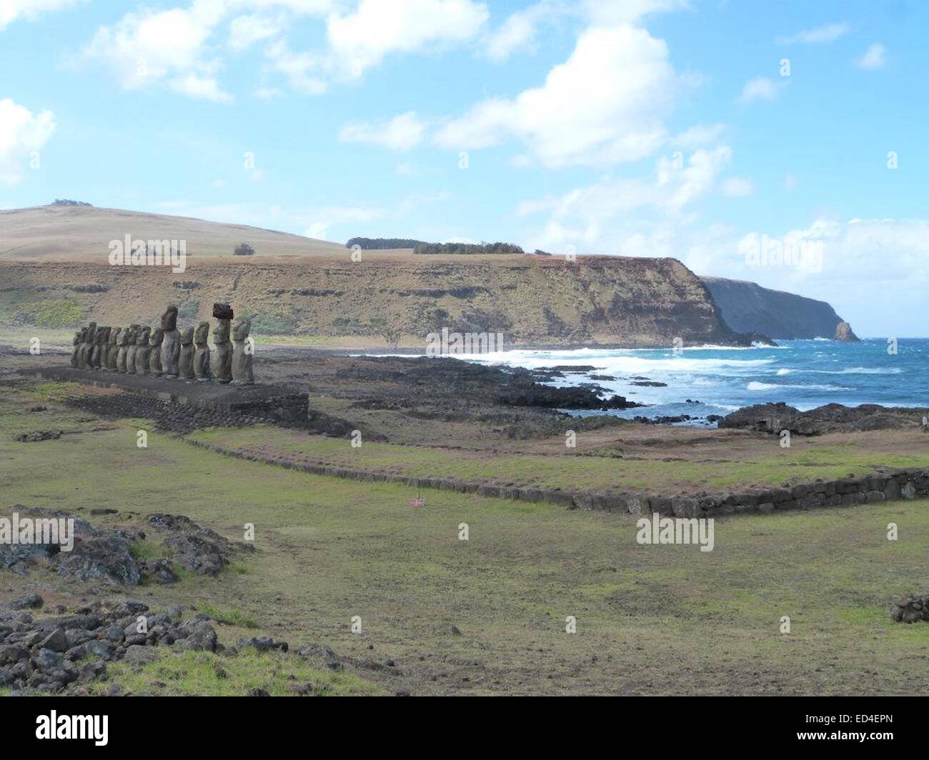 The giant, stone Moai statues at Ahu Tongariki, Rapa Nui (Easter Island), Chile Stock Photo