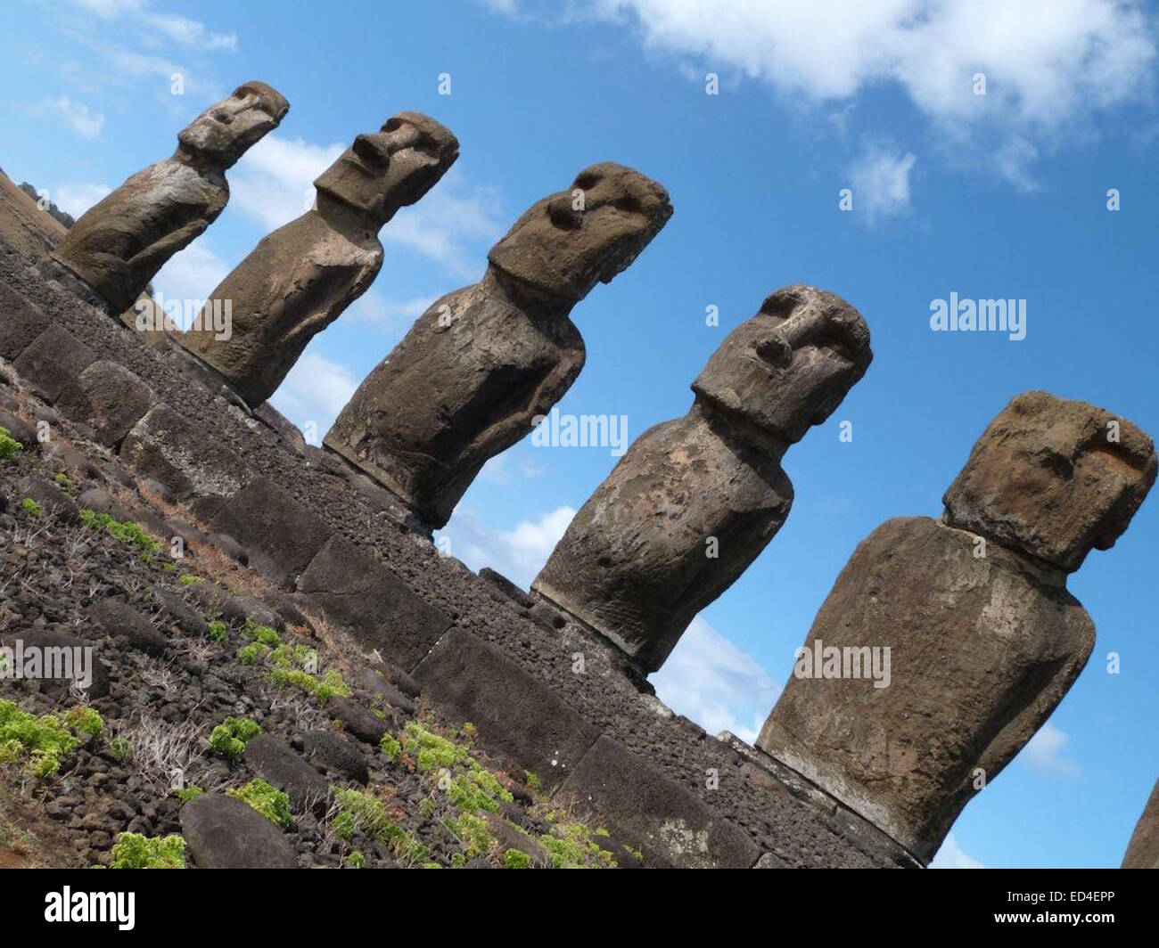 The giant, stone Moai statues at Ahu Tongariki, Rapa Nui (Easter Island), Chile Stock Photo