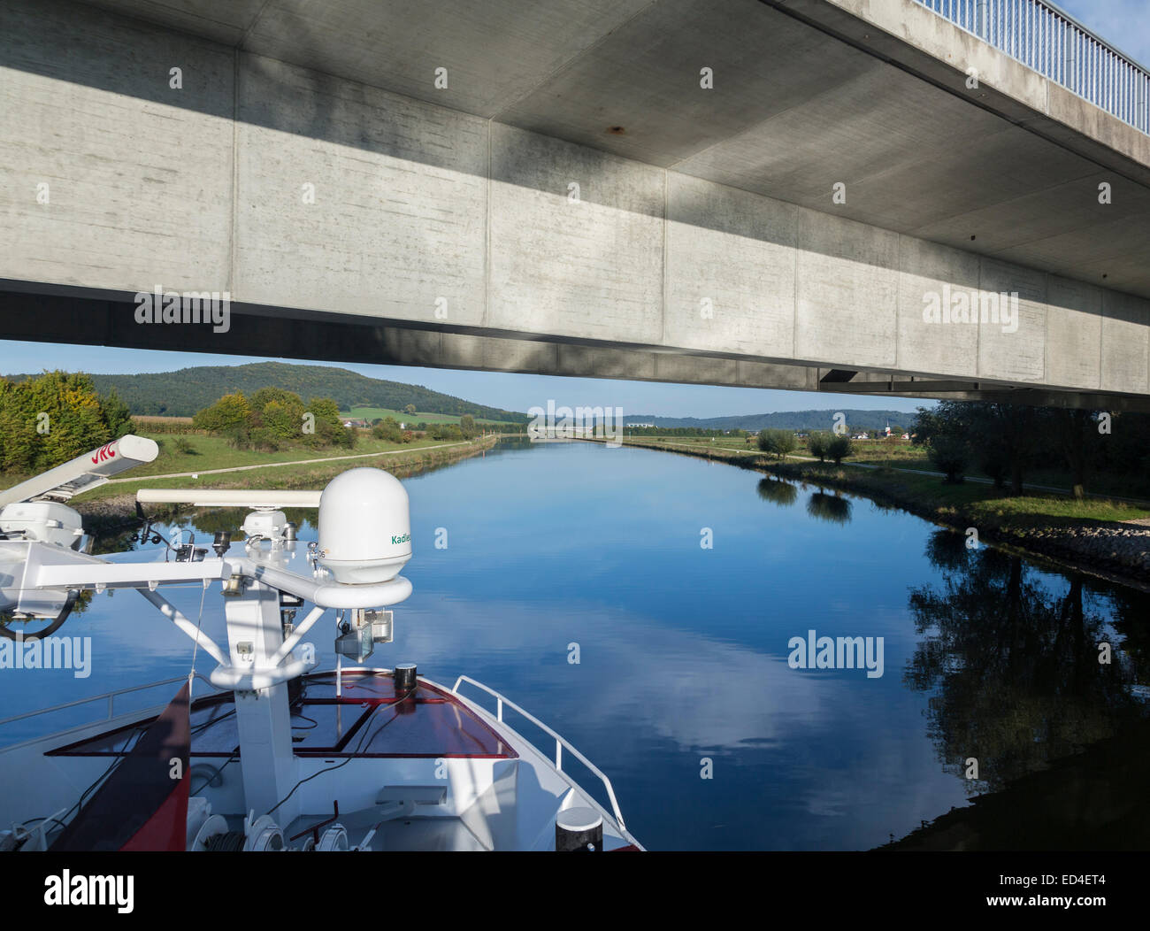 Cruise barge or boat  on Rhine Main Danube canal near the European Continental Divide or Watershed at Michelbach, Germany Stock Photo