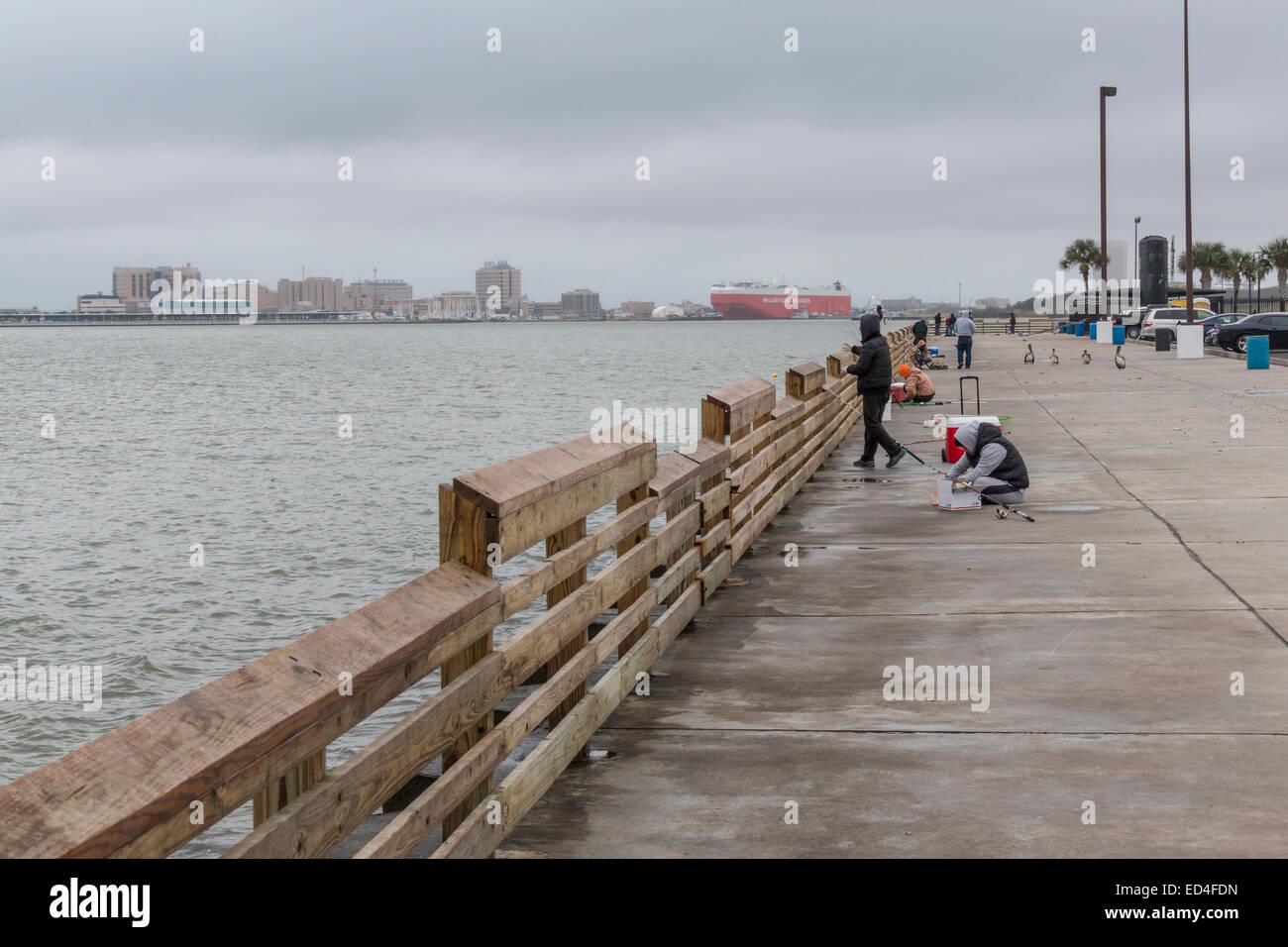 Cold, rainy day does not deter fishing from piers on Pelican Island, Galveston, Texas Stock