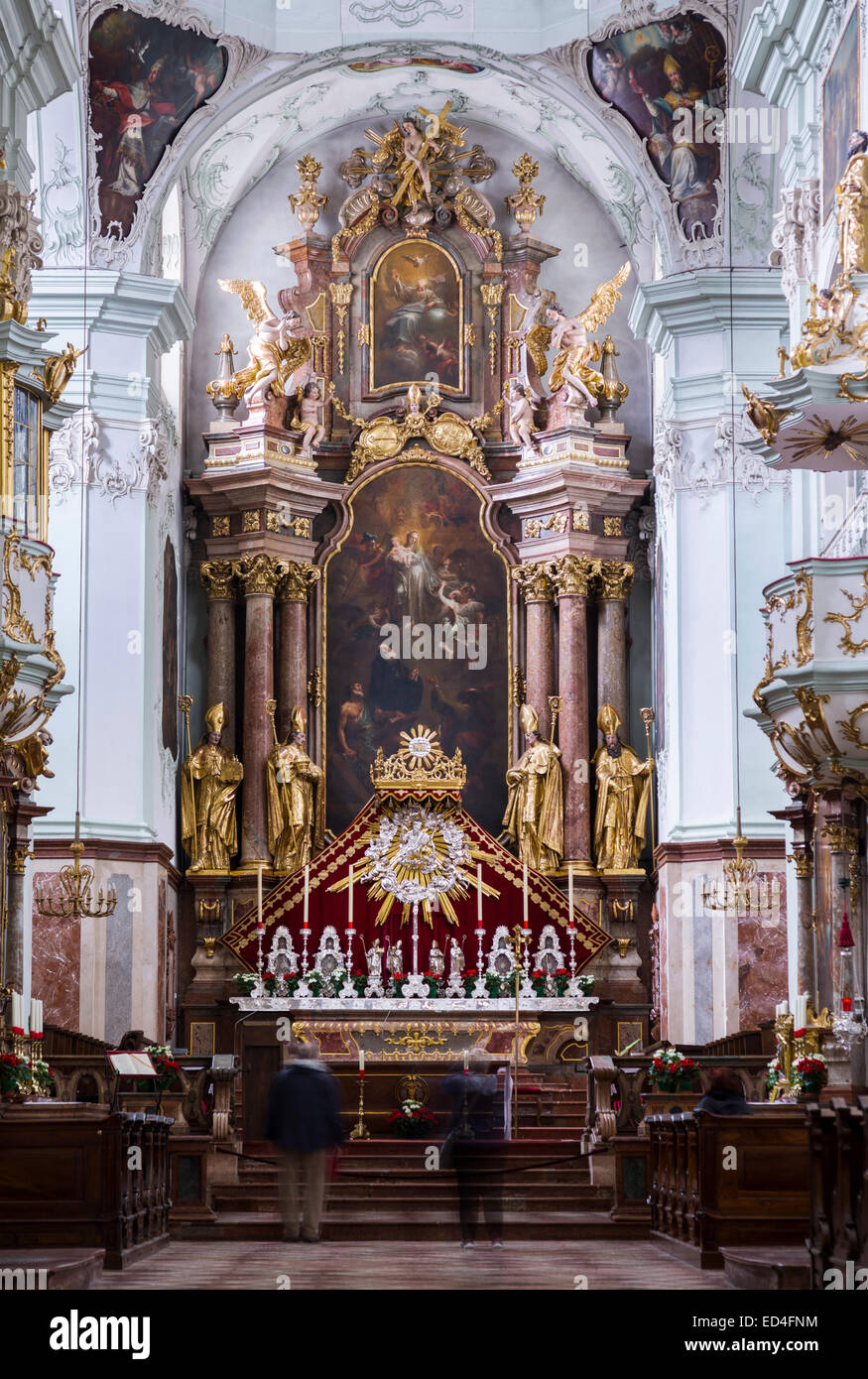 Altar and interior of St Peters Abbey catholic church in Salzburg ...