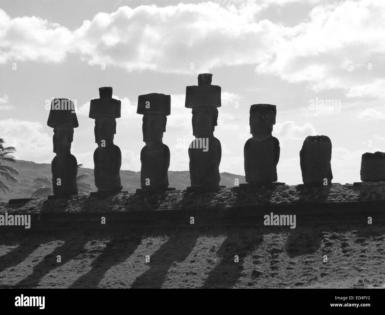 The mysterious stone Moai figures of Ahu Ature, Anakena Beach, Rapa Nui (Easter Island), Chile