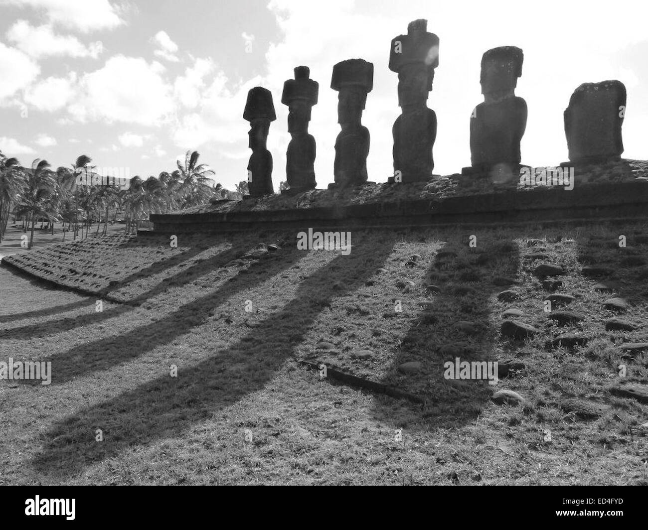 The mysterious stone Moai figures of Ahu Ature, Anakena Beach, Rapa Nui
