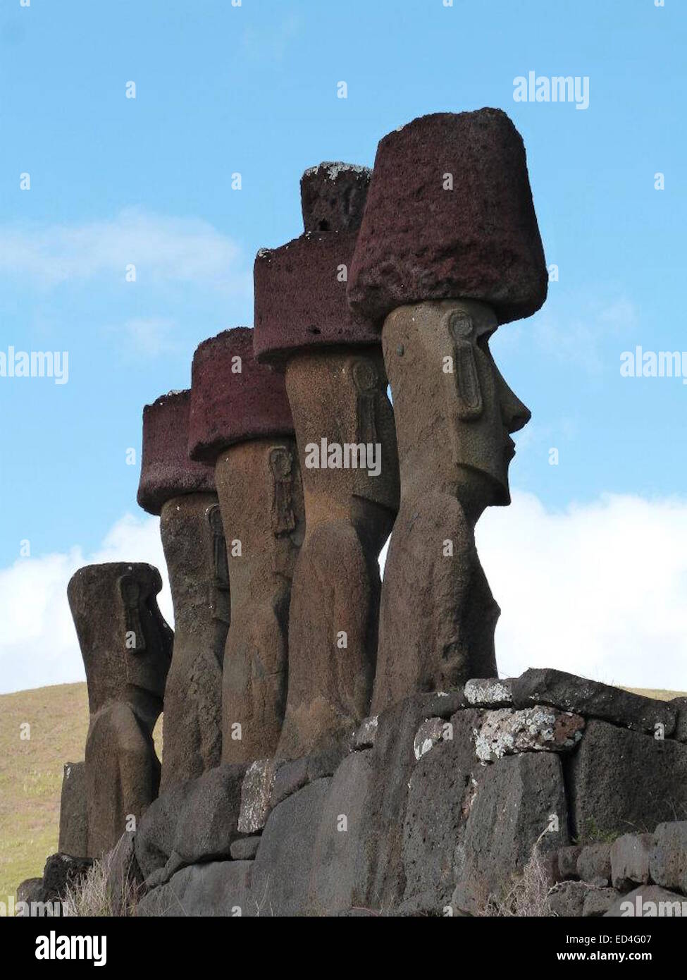 The mysterious stone Moai figures of Ahu Ature, Anakena Beach, Rapa Nui (Easter Island), Chile Stock Photo