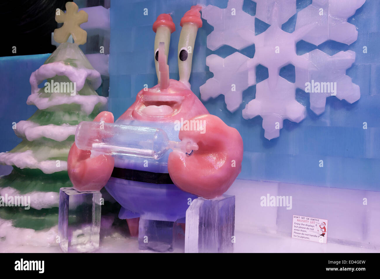 Ice Land 9 degrees attraction at Christmas at Moody Gardens. Amazing display of ice sculptures with children's Spongebob story. Stock Photo