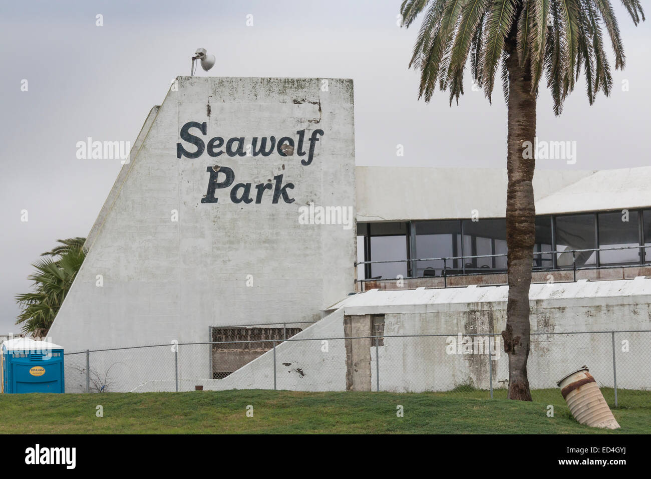 Seawolf Park facilities on Pelican Island, Galveston Texas, damaged by Hurricane Ike in 2008. Stock Photo