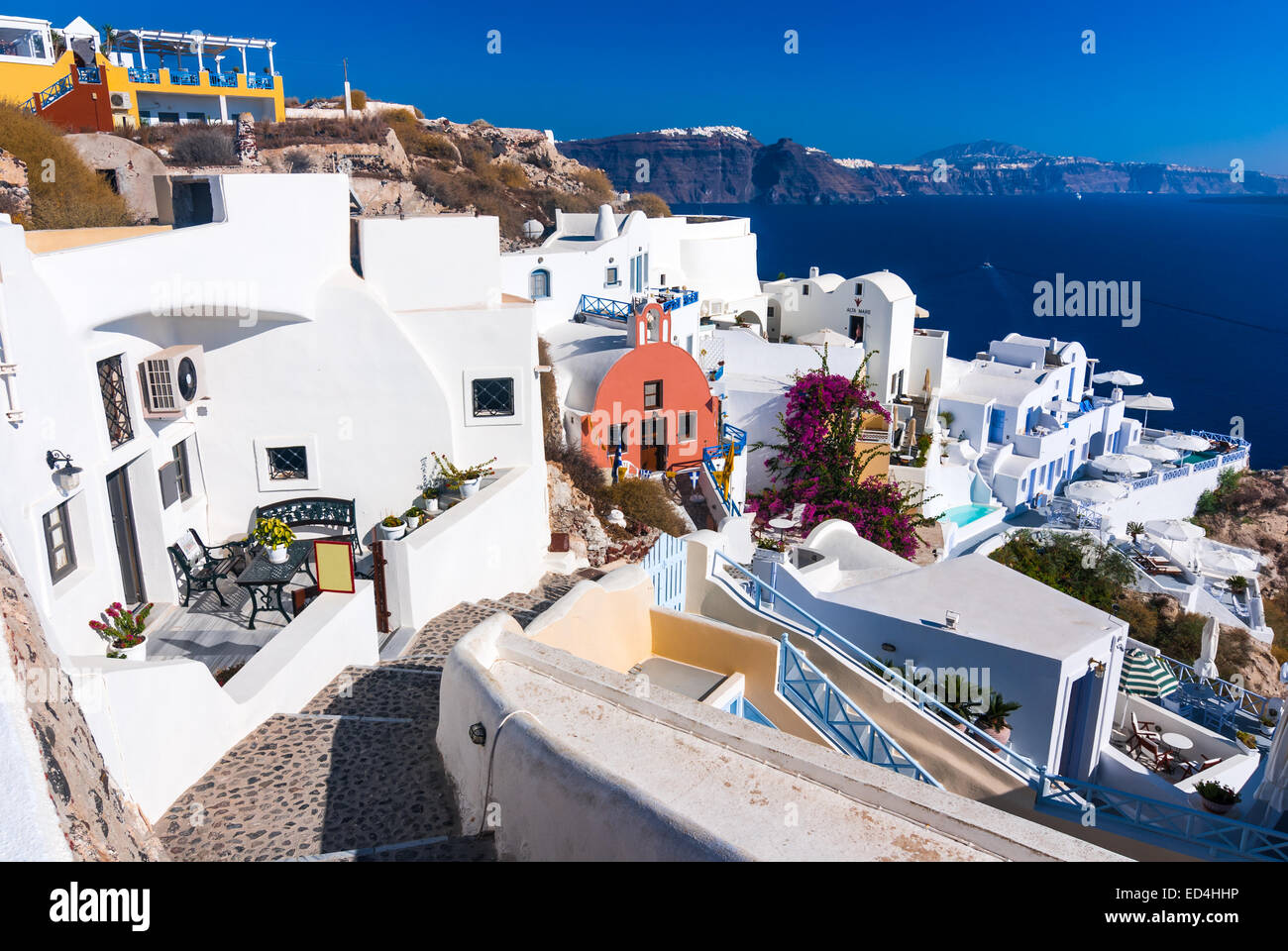 Santorini, Greece. Urban scenery with Oia city in Thira, Greek Islands in Aegean Sea, greek landmark. Stock Photo