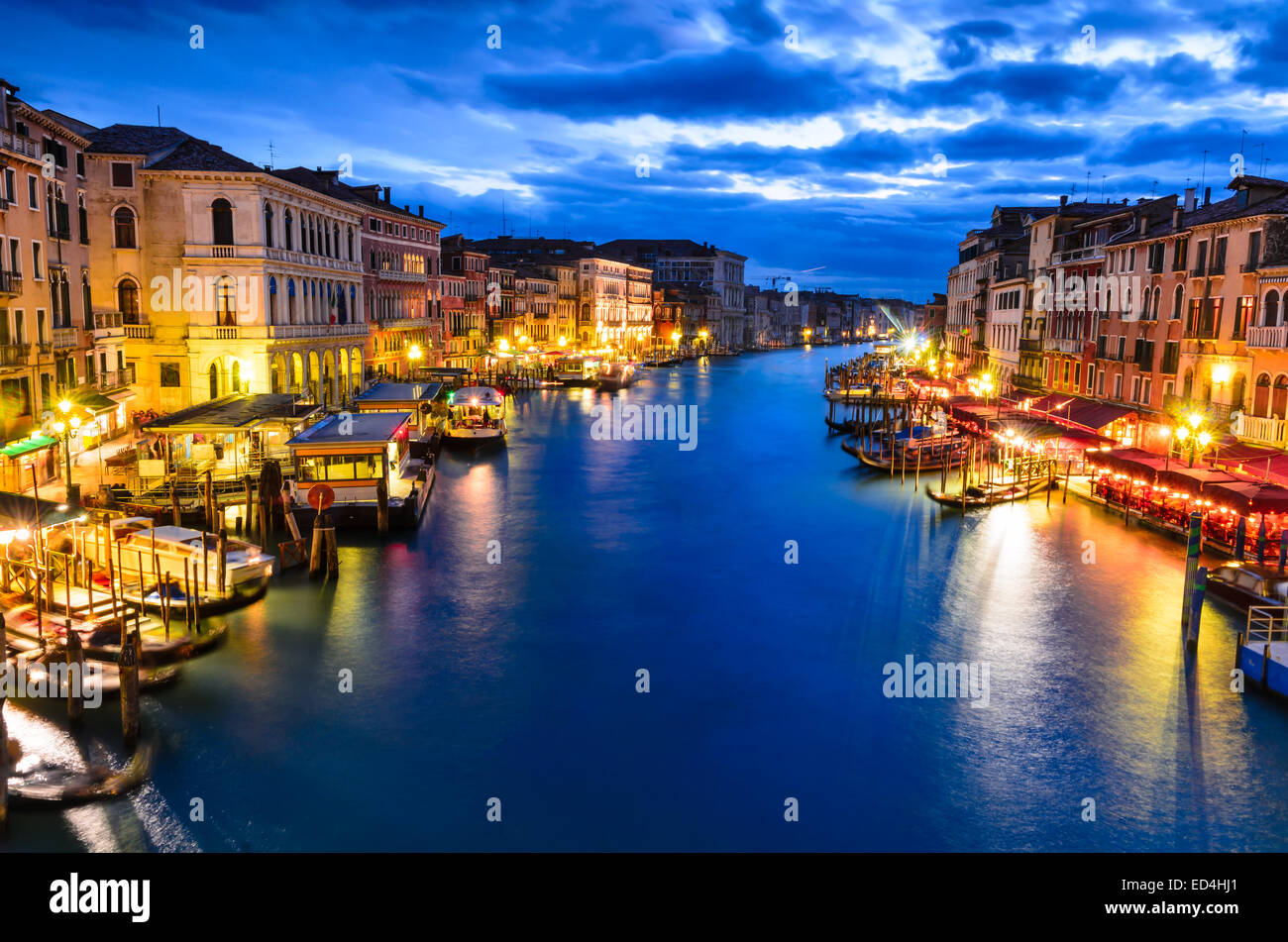 Venice, Italy. Night view of  Grand Canal, seen from Rialto Bridge, touristic place of Venice laguna. Stock Photo