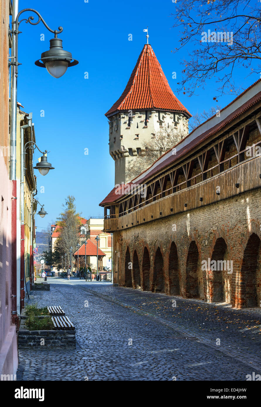 Sibiu, Romania. Medieval tower of stone-walled fortification of ancient city of Transylvania, romanian landmark. Stock Photo