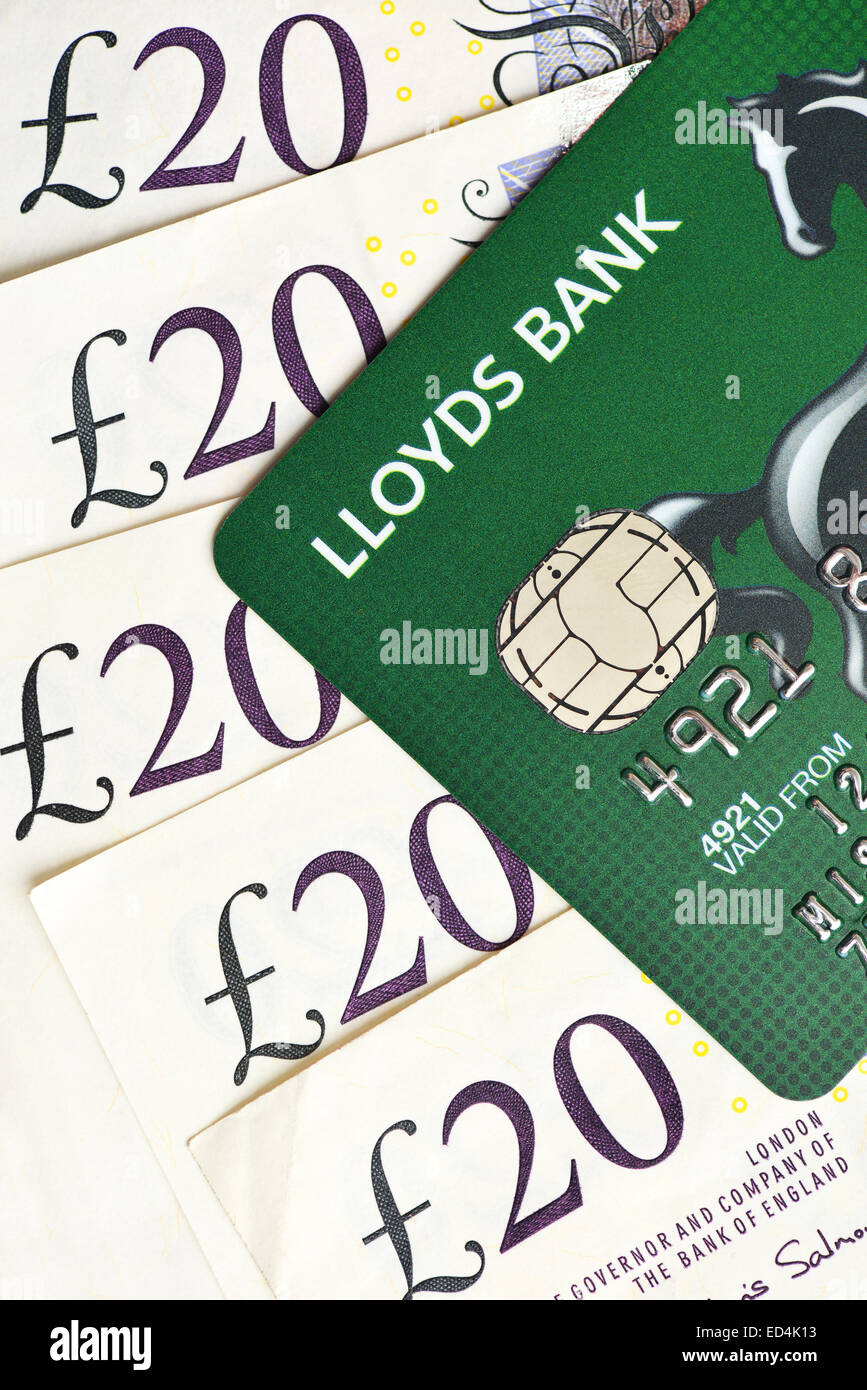 Lloyds Credit Card And Twenty Pound Notes Sterling Stock Photo
