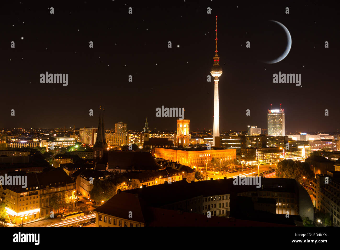 berlin skyline with moon and stars by night Stock Photo