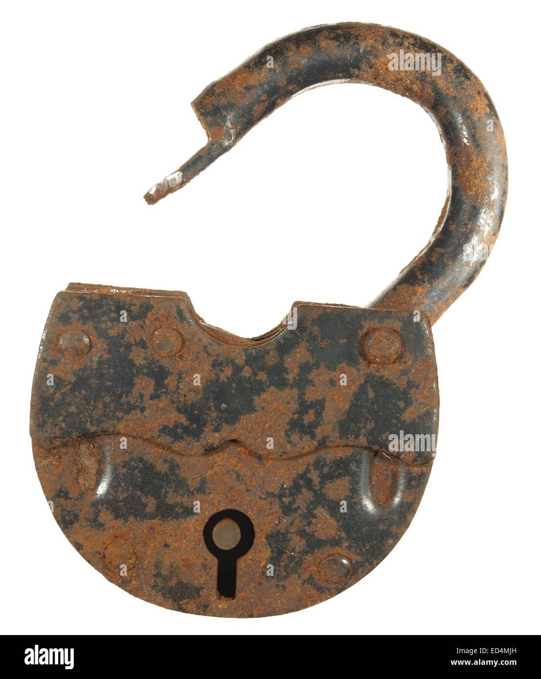 Old rusty padlock isolated on white background. Stock Photo