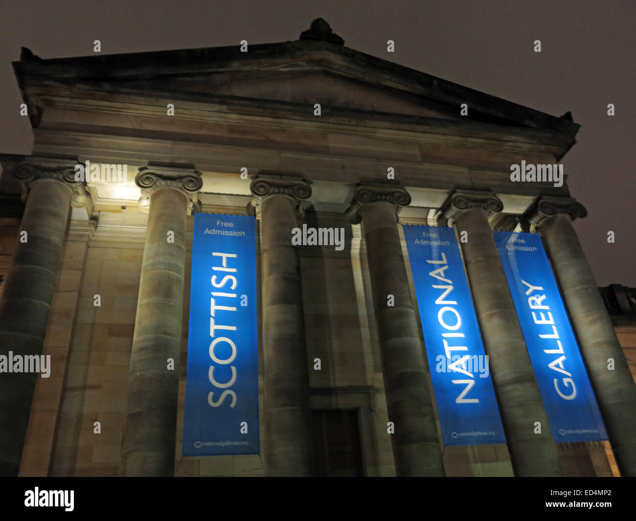 Scottish National Gallery at night, The Mound/Princes St, Edinburgh, Scotland UK - looking up Stock Photo