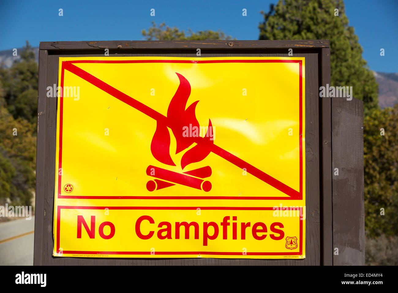 A fire danger sign in the Tule river area of the Sequoia National Forest, east of Porterville, California, USA. California is in the grip of a four year long exceptional drought, that has made wild fires much more frequent, as well as wiping $2.2 Billion annually off the agricultural sector. Stock Photo