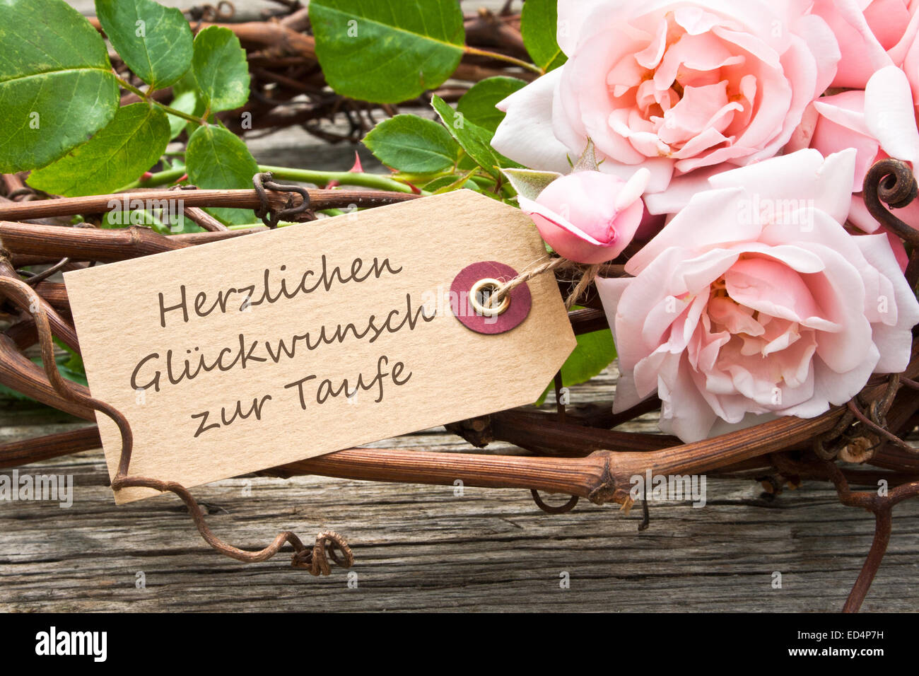 Germanlanguage greeting card for baptism with pink roses Stock Photo
