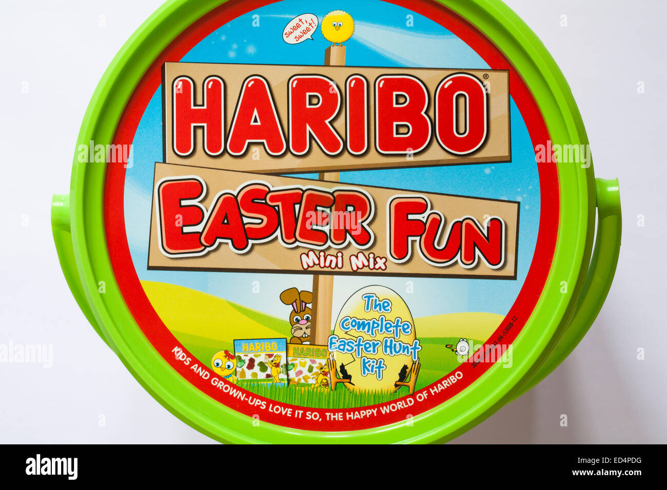 Tub of Haribo Easter Fun mini mix sweets set on white background - ready for Easter Stock Photo