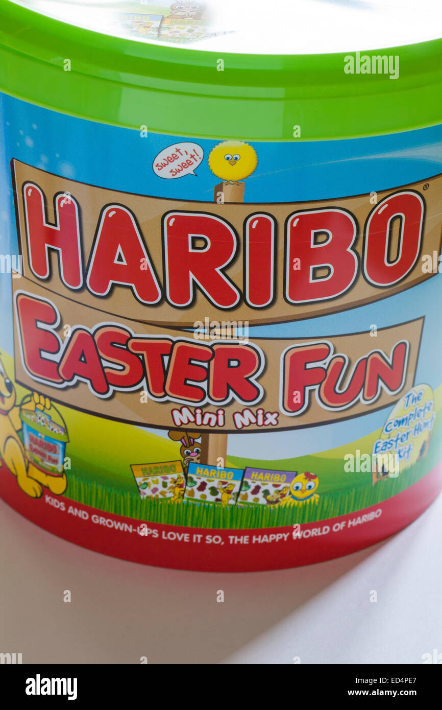 Tub of Haribo Easter Fun mini mix sweets set on white background - ready for Easter Stock Photo