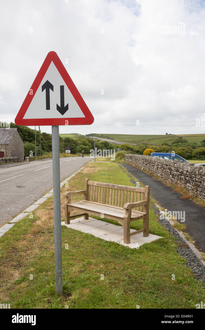 Inscription ' Queen Elizabeth II Diamond Jubilee 2012 ' on bench beside road in Altarnun near Bodmin, Cornwall, UK. Stock Photo