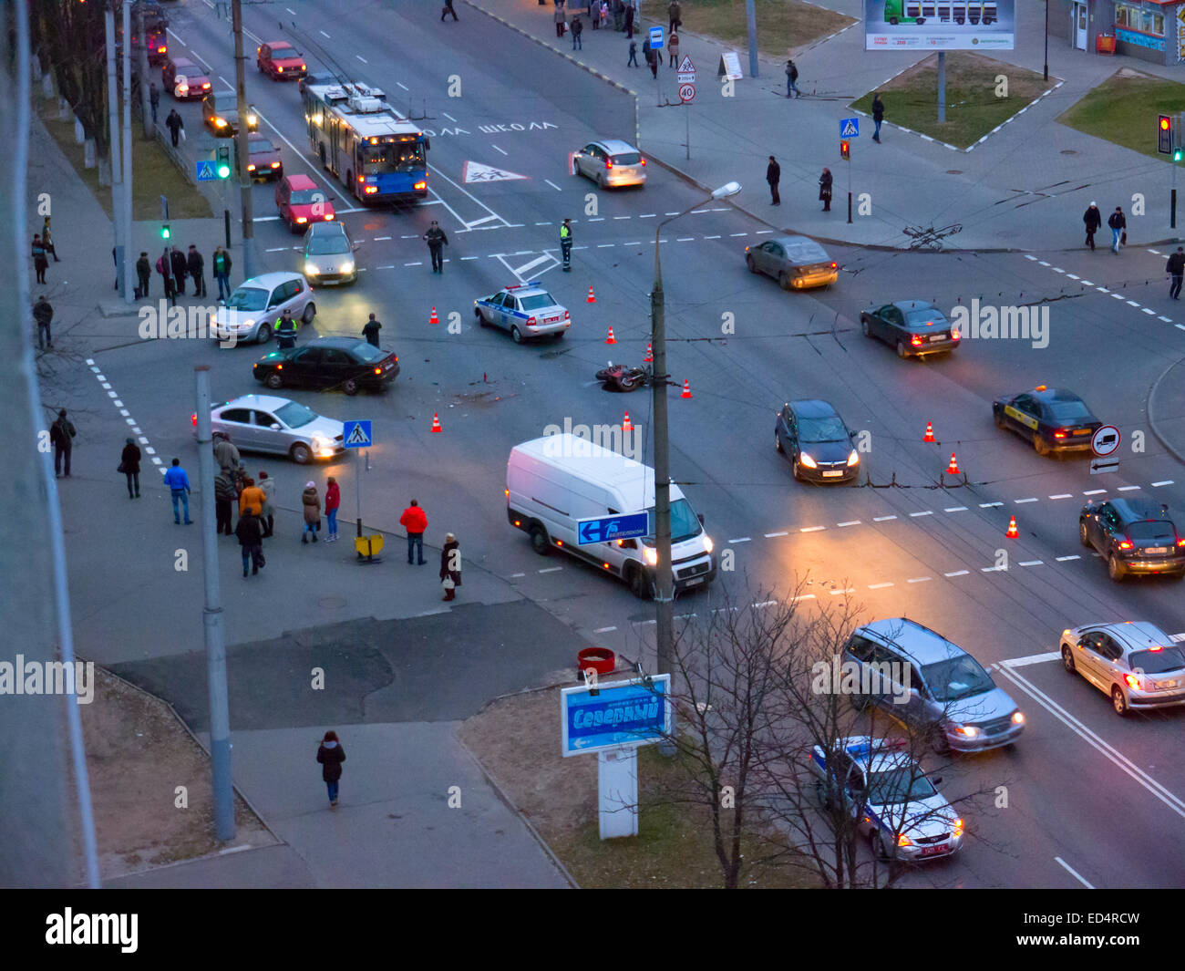 GOMEL, BELARUS - NOVEMBER 14:Cars in a street downtown on November 14, 2014 in Gomel, Belarus. Stock Photo