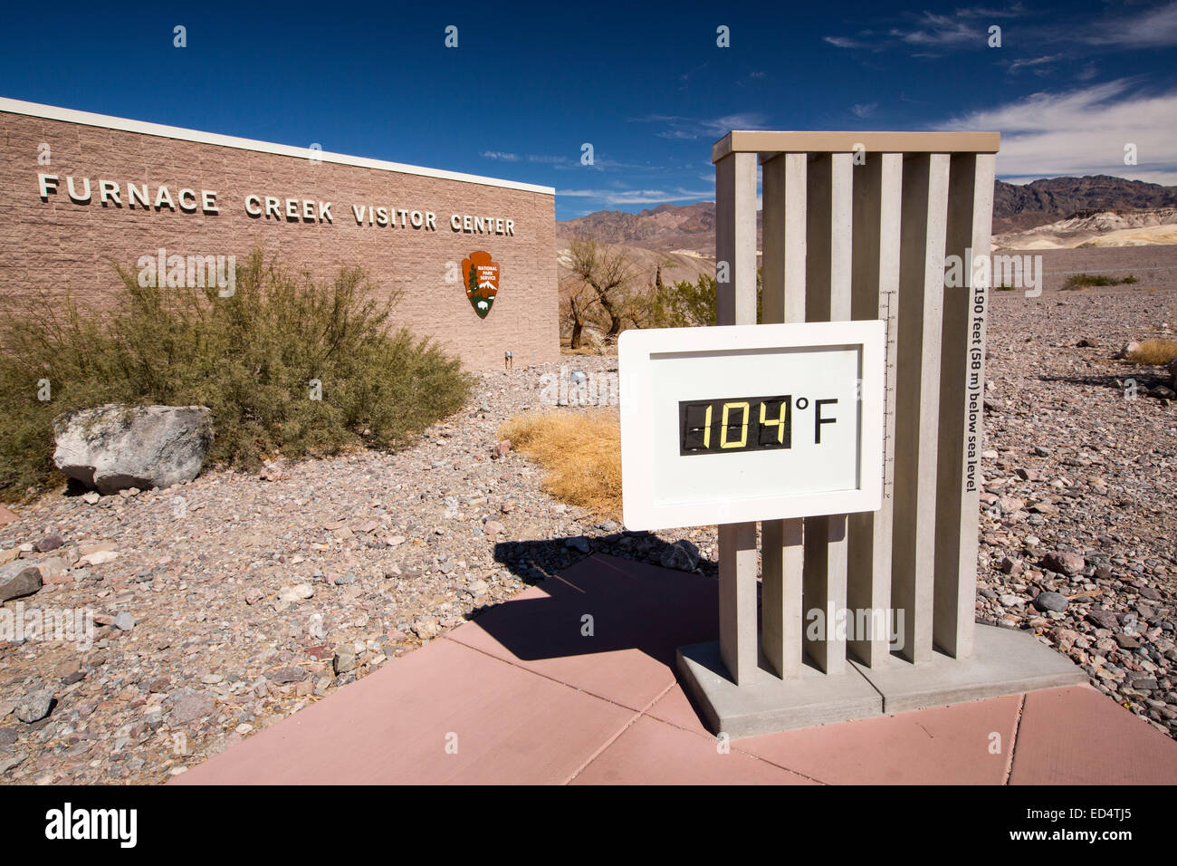 A thermometer at the Furnace Creek Visitor Centre in Death Valley