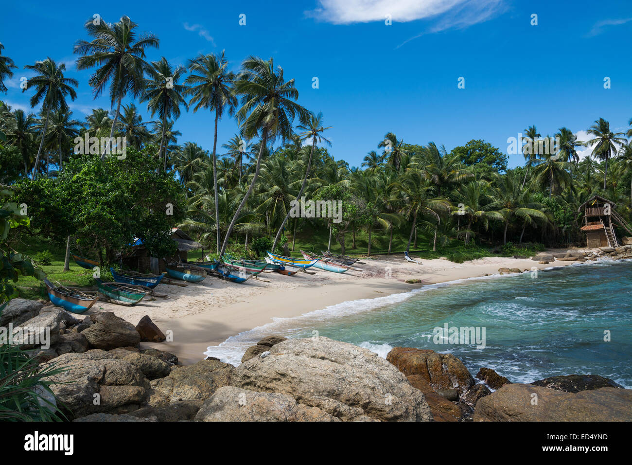 Tropical rocky beach with coconut palm trees, sandy beach and traditional fishing boats. Rocky Point, Tangalle, Sri Lanka Stock Photo