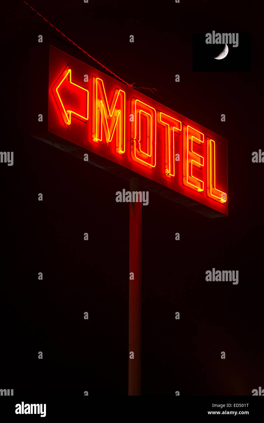 Neon motel sign lit up at night, Walla Walla, Washington. Stock Photo