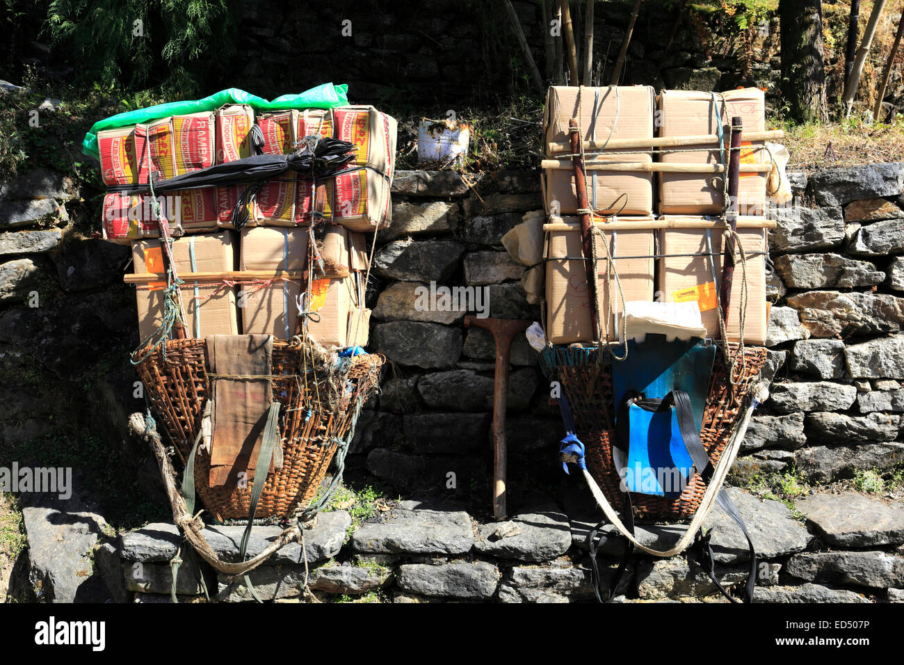 Sherpa Backpacks at Phakding village on the Everest base camp trek, Sagarmatha National Park