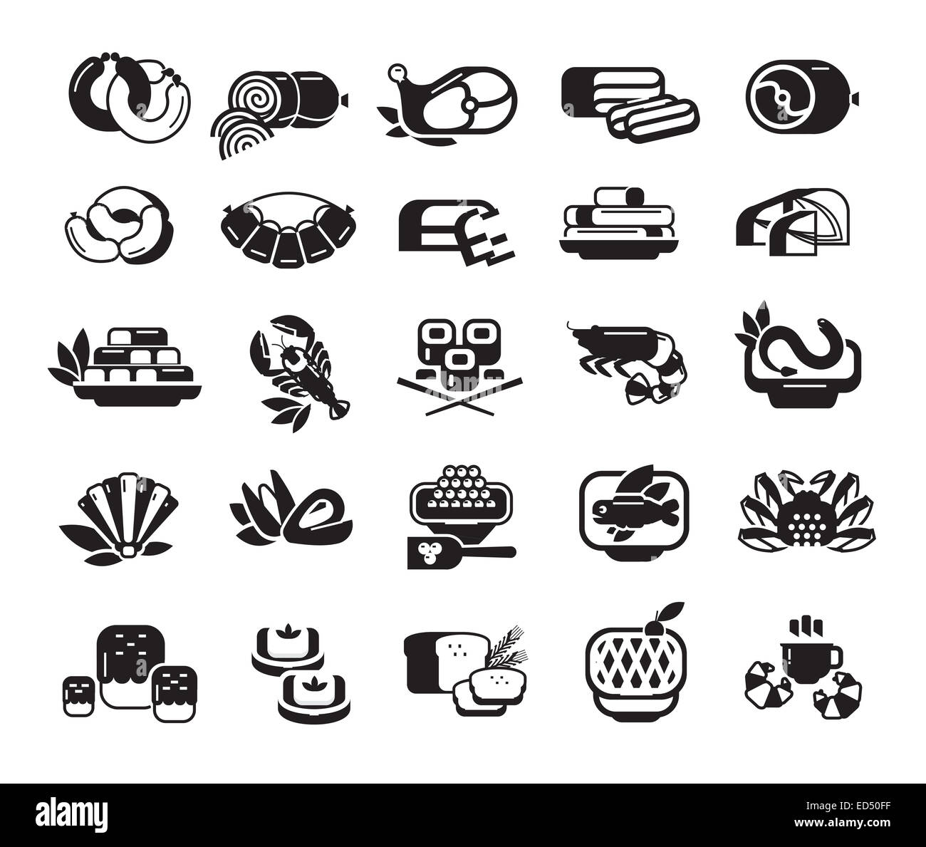 Food. Meat, seafood, baked goods. Set of icons Stock Photo