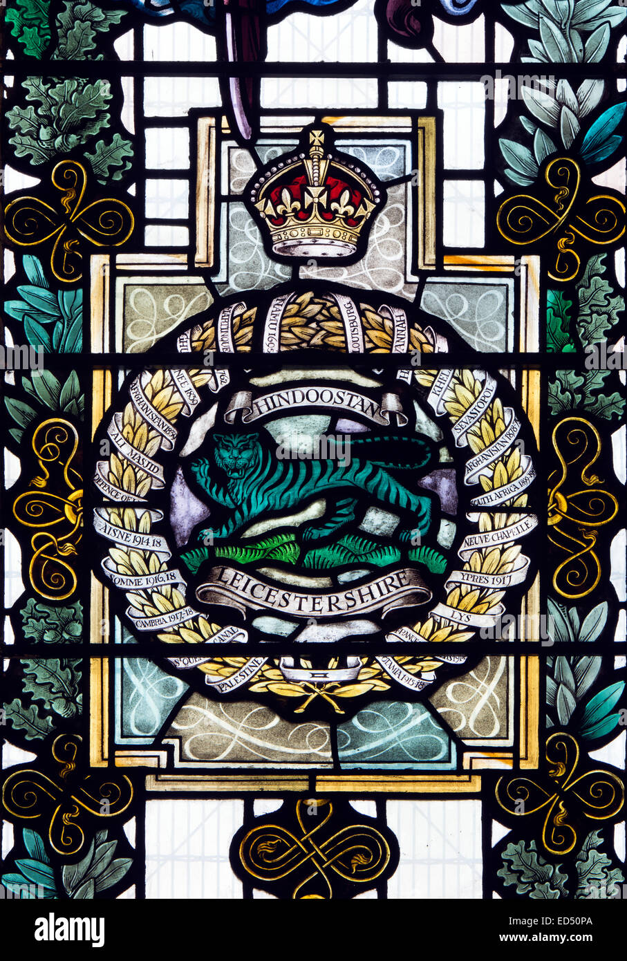 Leicestershire Regiment crest stained glass, Leicester Cathedral, England, UK Stock Photo Alamy