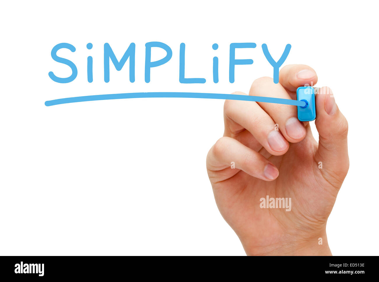 Hand writing Simplify with blue marker on transparent wipe board isolated on white. Stock Photo