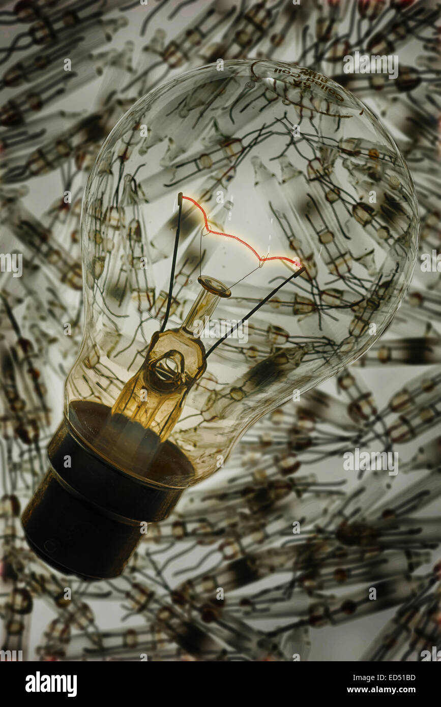 Glowing supported red hot tungsten wire filament in clear light bulb