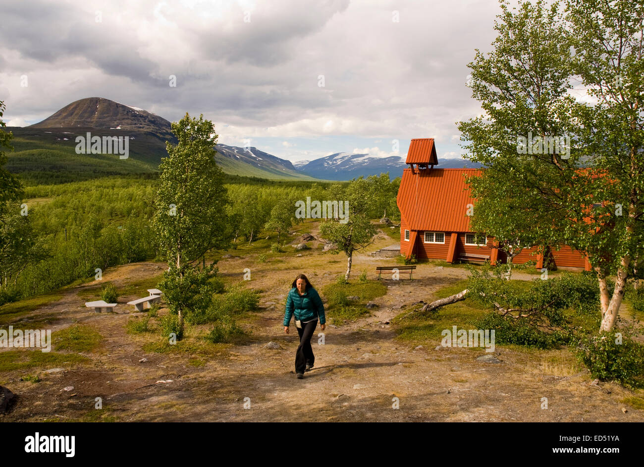 A church on the Northern section of the Kungsleden walking trail, at Nikkaluokta in Northern Sweden near Kebnekaise Fjallstation Stock Photo