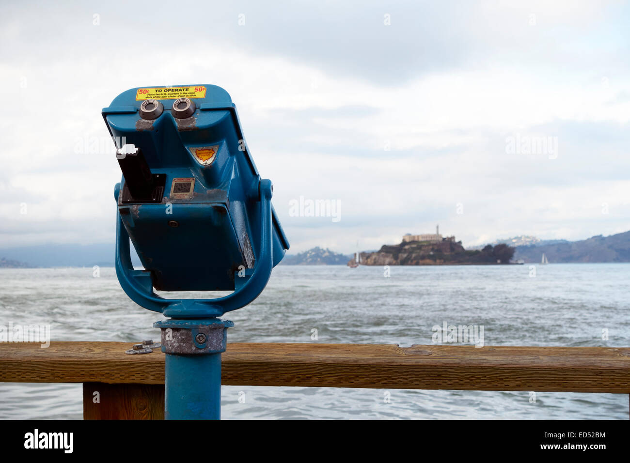 Coin operated binoculars at Pier 39 with view of Alcatraz Island, San Francisco, California, USA Stock Photo
