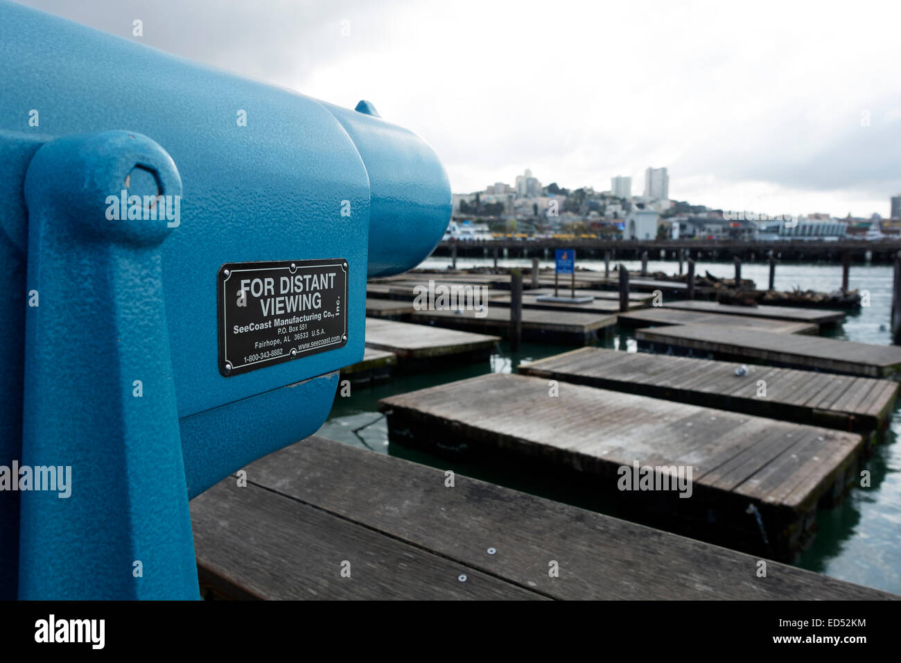 Coin operated binoculars at Pier 39 with view of sea lions, San Francisco, California, USA Stock Photo