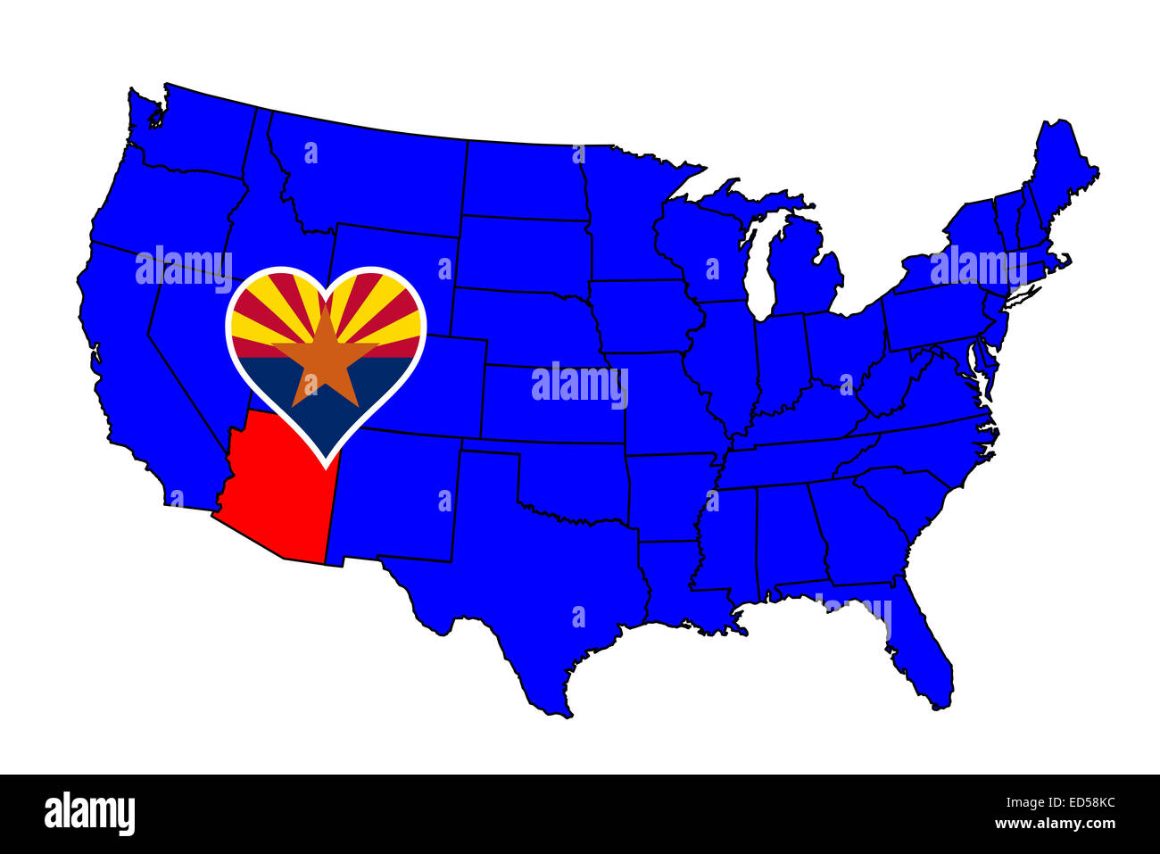 Arizona state outline and icon inset set into a map of The United States of America Stock Photo