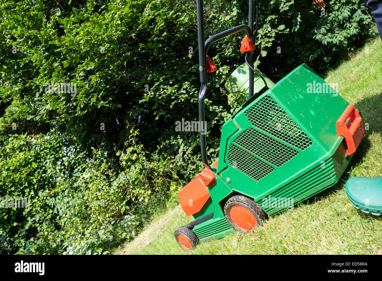 lawnmower in garden in summer time Stock Photo