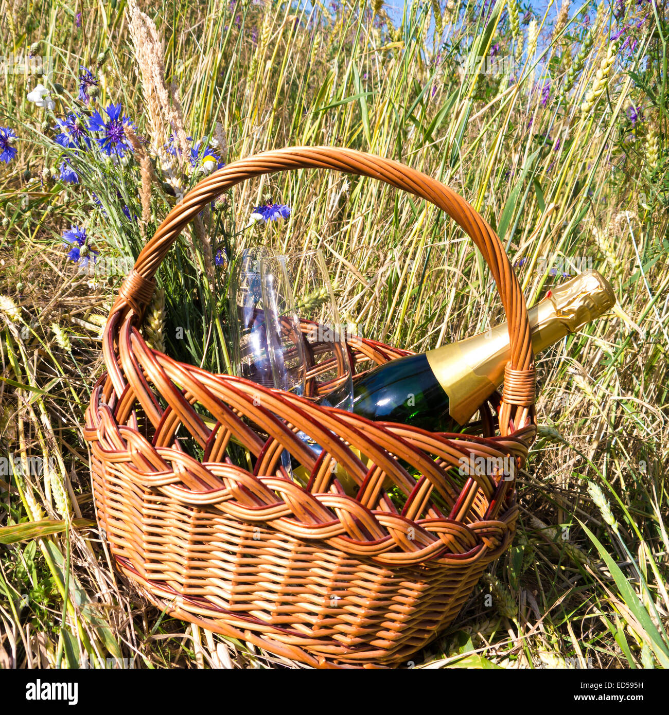picnic basket with champagne, strawberries and croissant Stock Photo