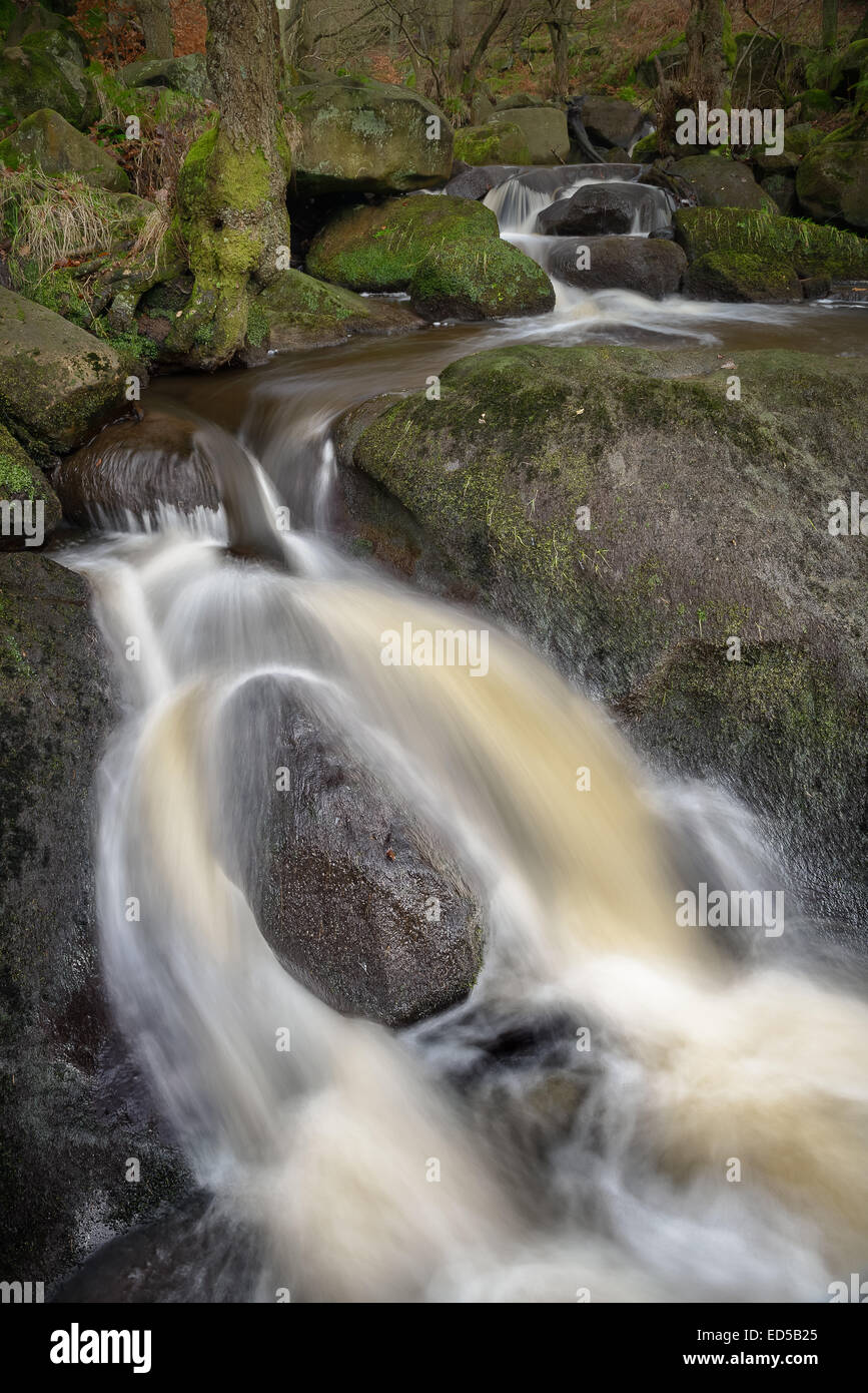 A small waterfall on the woodland stream at Padley Gorge, Peak District as it runs through a bolder strewn valley. Stock Photo
