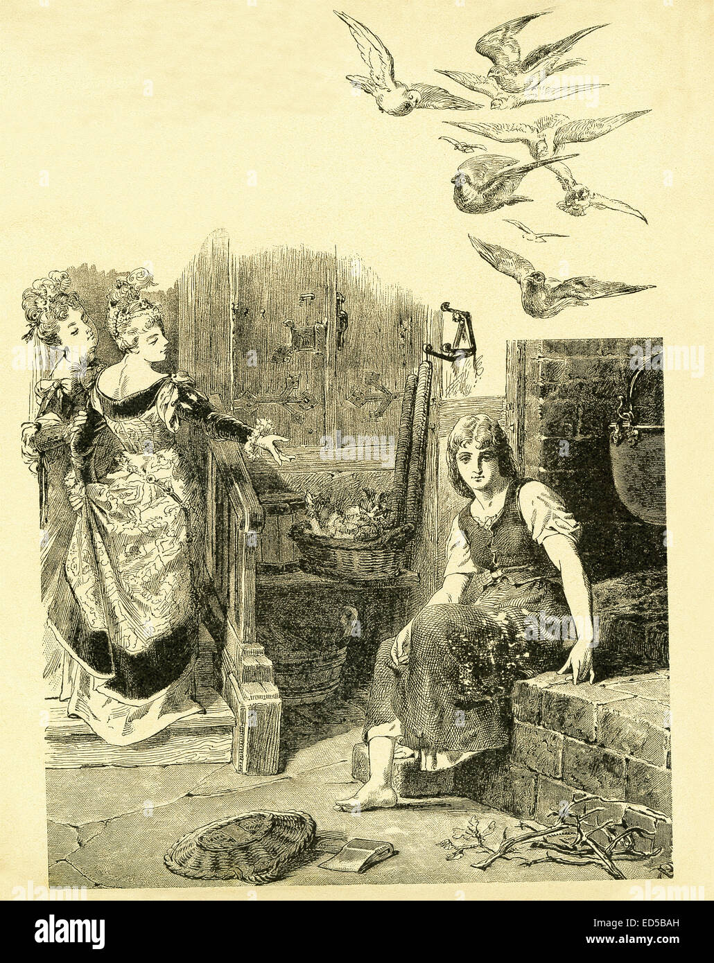 In 1812, the Grimm brothers, Jacob and Wilhelm, published Children and Household Tales, a collection German fairy tales. This illustration accompanied the tale 'Cinderella' and shows Cinderella being left by her stepsisters to do the housework. This image is from Grimms Eventyr (Grimm's Fairy Tales) by Carl Ewald, published in 1922. The frontispiece has the illustrations by Philip Grot Johann and R. Leinweber. Johann was a well-known German illustrator and did pieces for Goethe, but he considered his pieces for Grimm's tales very important. He died young and Leinweber succeeded him as illustra Stock Photo