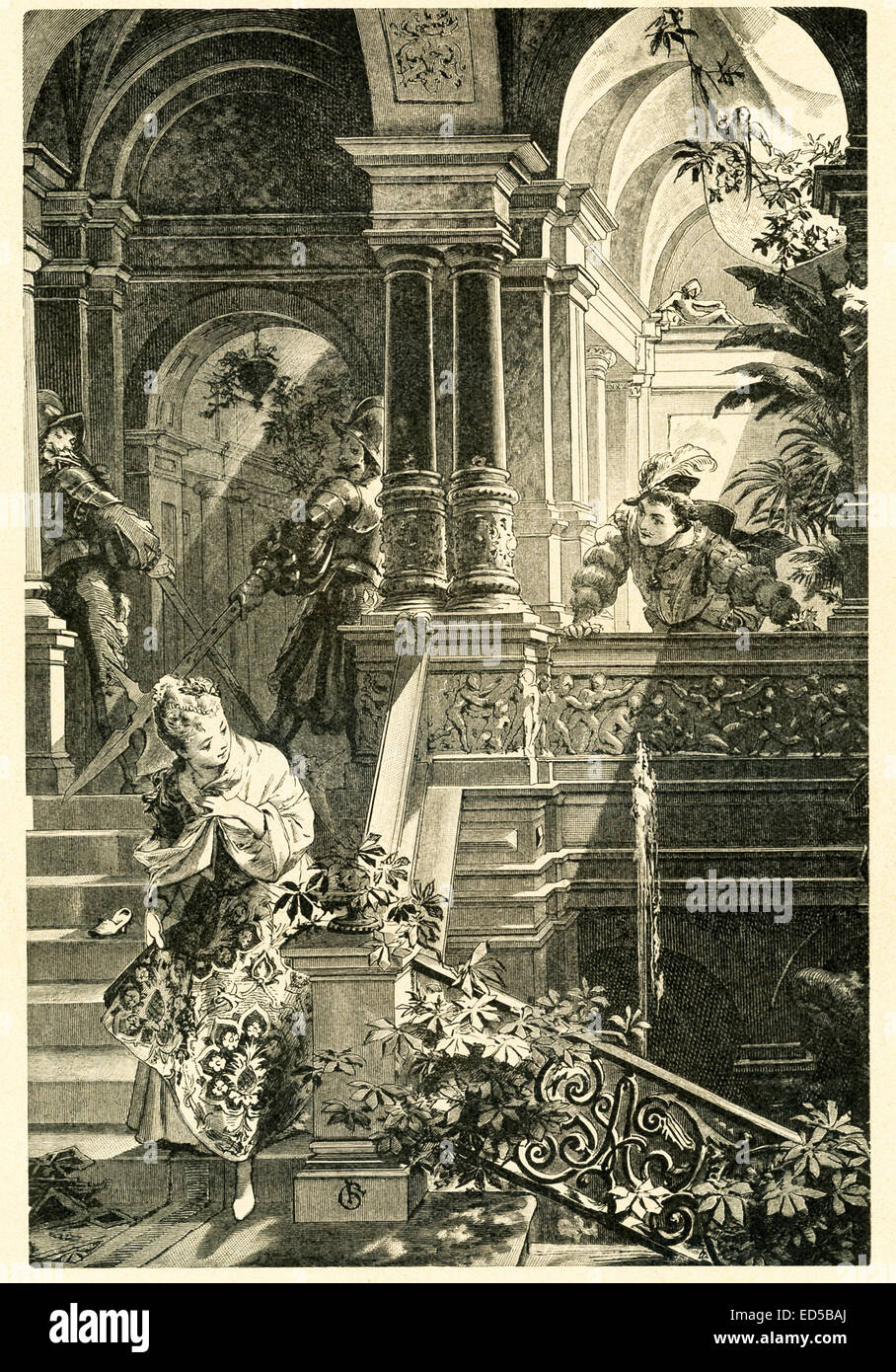 In 1812, the Grimm brothers, Jacob and Wilhelm, published Children and Household Tales, a collection German fairy tales. This illustration accompanied the tale 'Cinderella' and shows Cinderella leaving the ball and the prince in a rush to get home before midnight. Look closely and you can see the shoe that Cinderella mistakenly leaves behind in her hurry on the stairs. This image is from Grimms Eventyr (Grimm's Fairy Tales) by Carl Ewald, published in 1922. The frontispiece has the illustrations by Philip Grot Johann and R. Leinweber. Johann was a well-known German illustrator and did pieces f Stock Photo