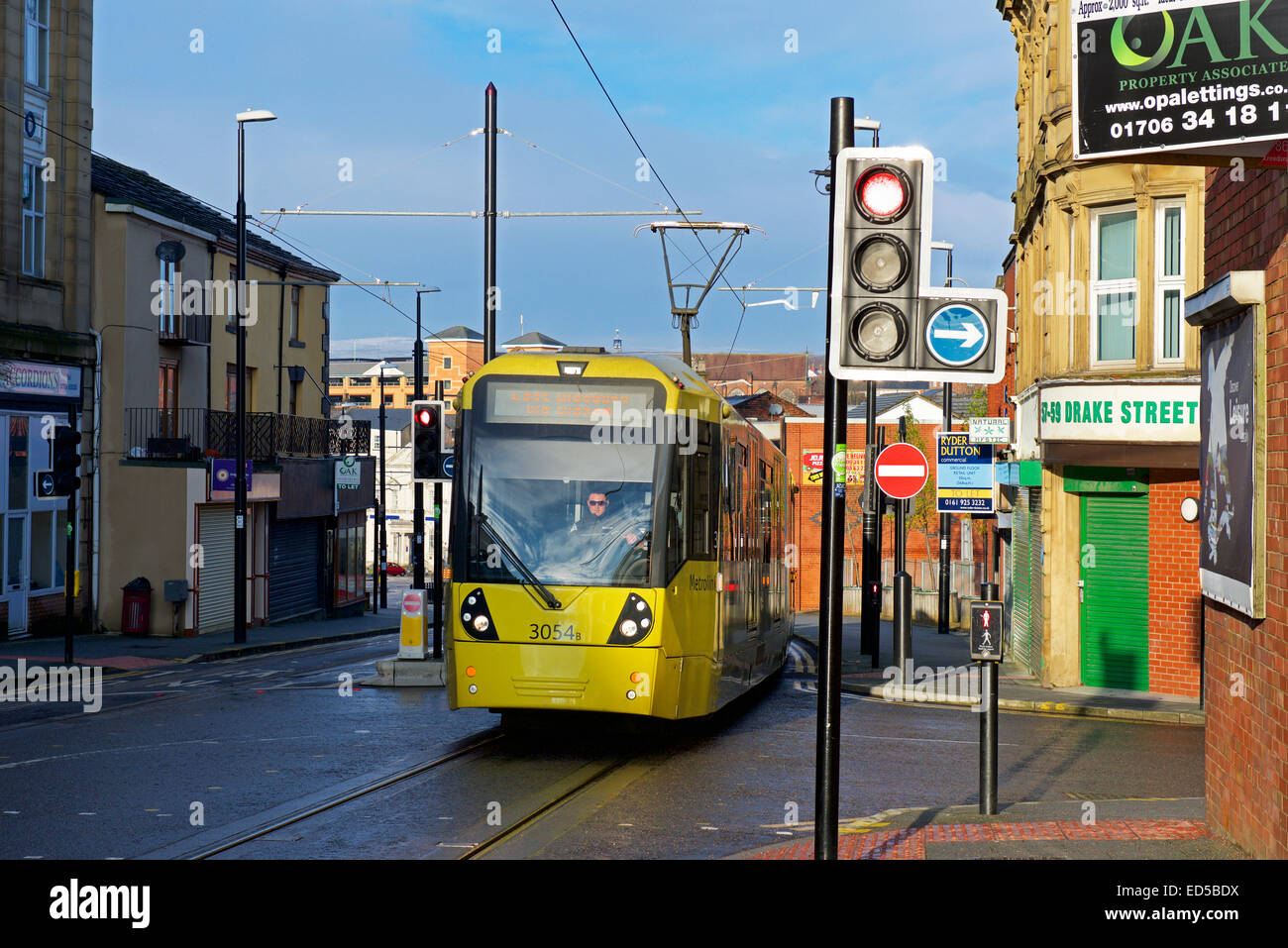 Tram on Drake Street, Rochdale, Lancashire, England UK Stock Photo Alamy