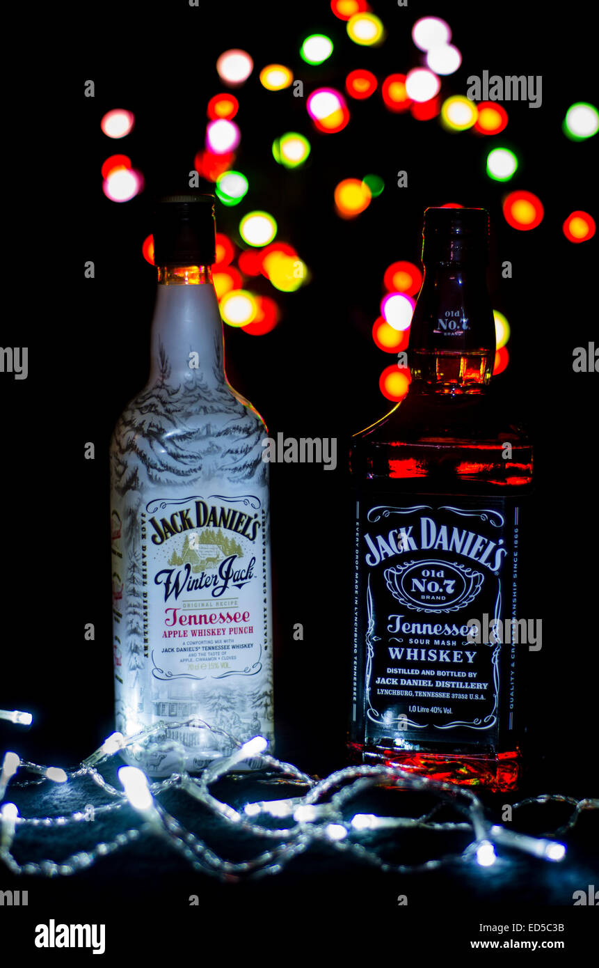 A festive poster style shot of a bottle of Winter Jack and Jack Daniels Stock Photo