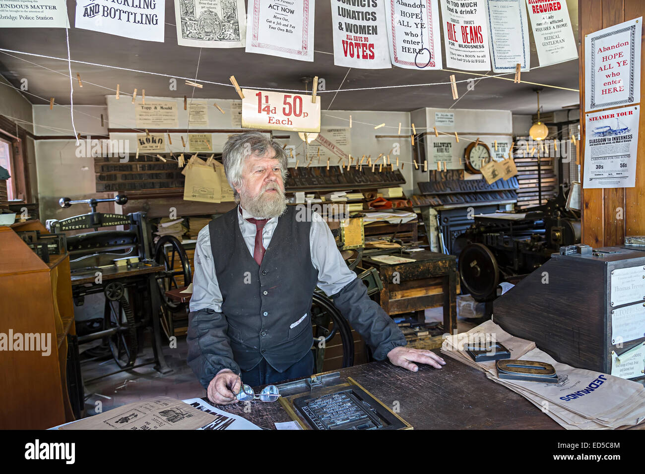 Printer at shop counter, Blists Hill Victorian town, Ironbridge, Shropshire, England, UK Stock Photo